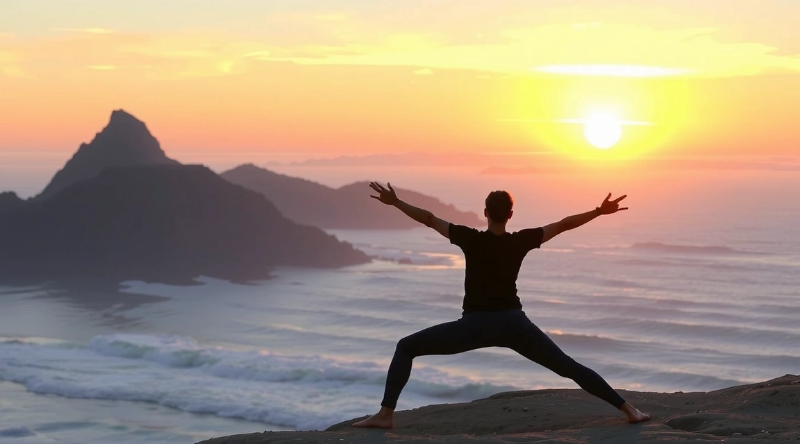 Una persona haciendo yoga al amanecer, simbolizando un estilo de vida activo y equilibrado.