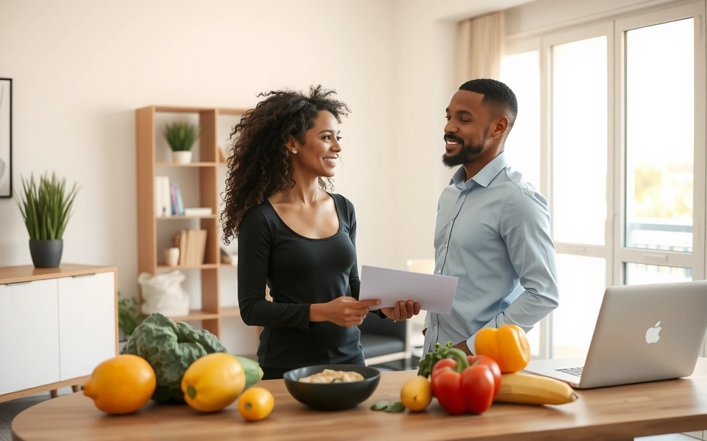 Una nutricionista explicando un plan de dieta a un cliente en una oficina moderna.