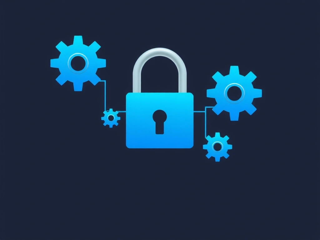 Icono de un candado digital con engranajes, representando seguridad y funcionalidad esencial.