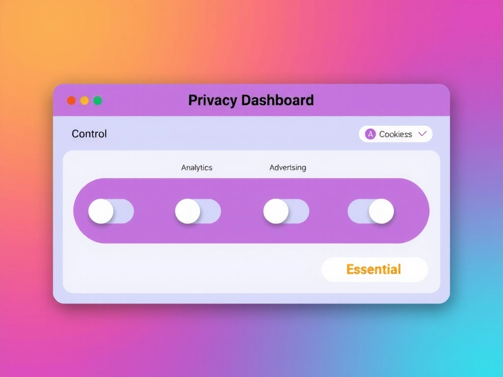 Ilustración de un panel de control de privacidad con interruptores de alternancia para diferentes tipos de cookies.