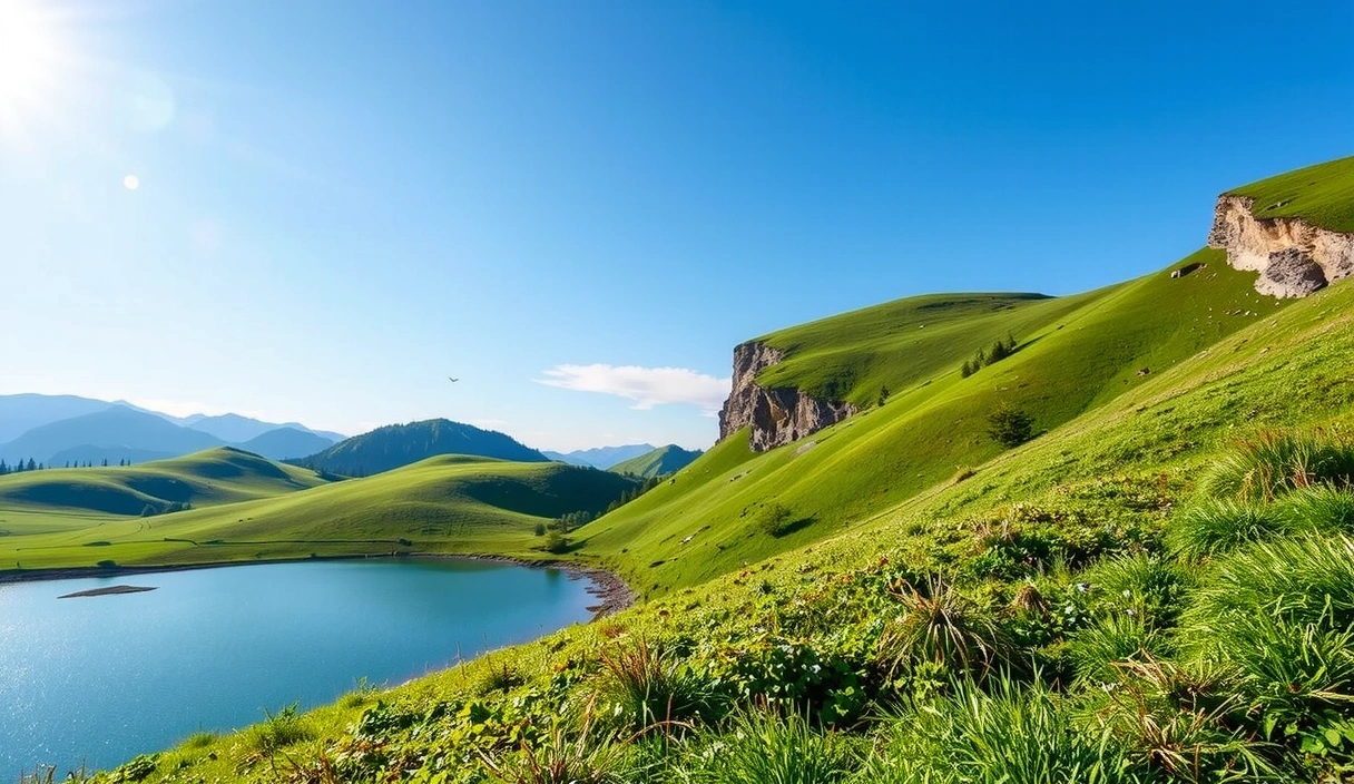 Paisaje natural sereno con montañas y un lago, representando salud y pureza