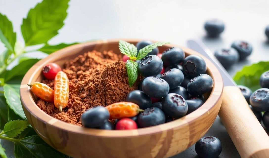 Antioxidantes variados en un bol, como bayas de goji y acai